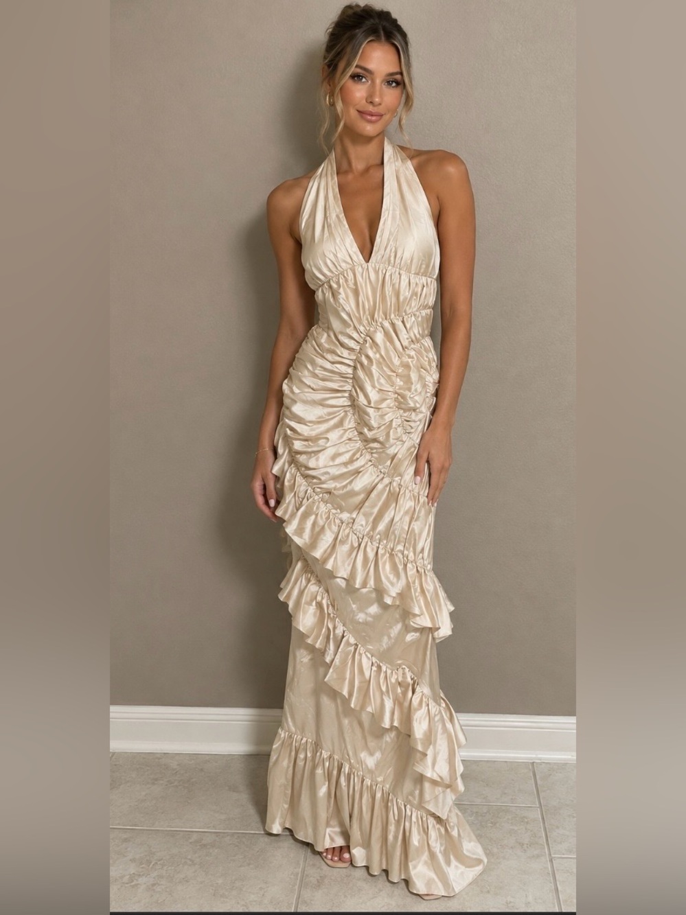 Akira Formal Elegant Cream Halter Ruffle Maxi Dress NWT